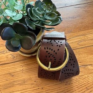 Brown Leather Brass Buckle Floral Cut Out Belt French